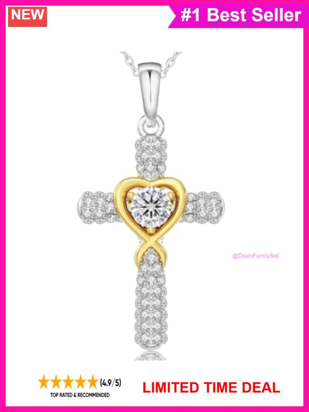 Moissanite Heart Cross Pendant Necklace Sterling Silver 18"